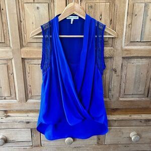 Heartloom Small Royal Blue Drape Neck Blouse‎ Sleeveless Lace Slight Flaws